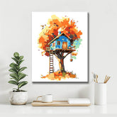 Painting by Numbers Art Illustration Blue Treehouse in Red Tree